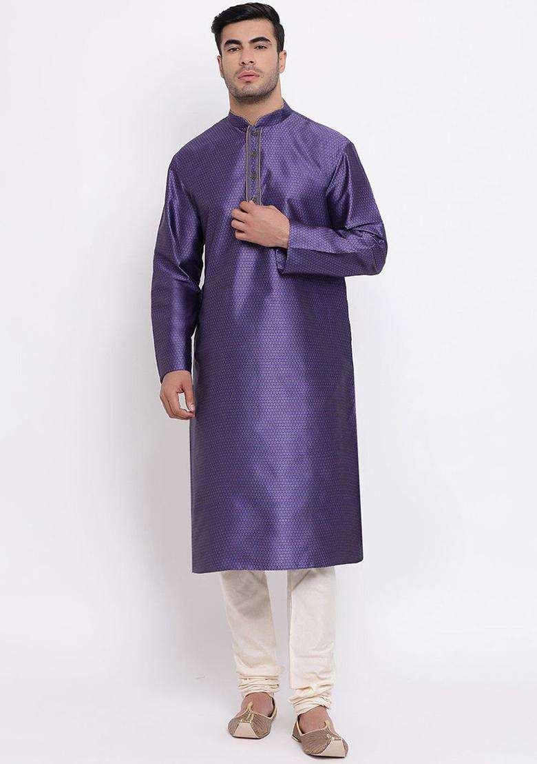Blue Woven Design Silk Blend Kurta Set For Men - Indya
