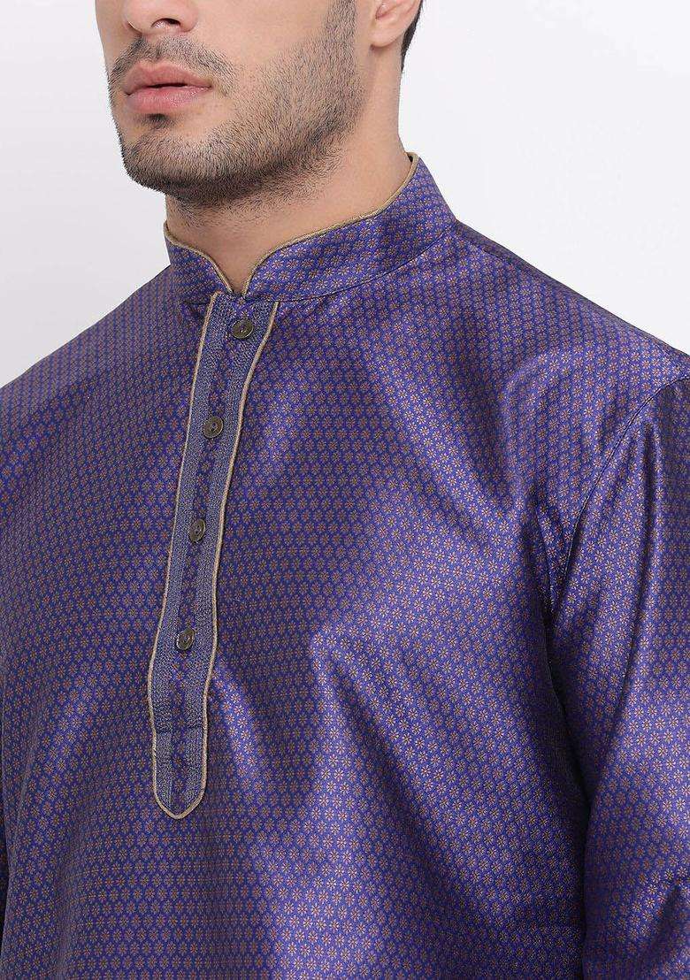Blue Woven Design Silk Blend Kurta Set For Men - Indya
