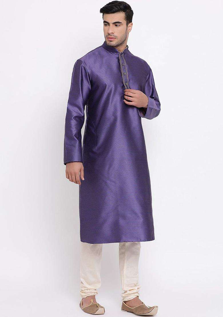 Blue Woven Design Silk Blend Kurta Set For Men - Indya