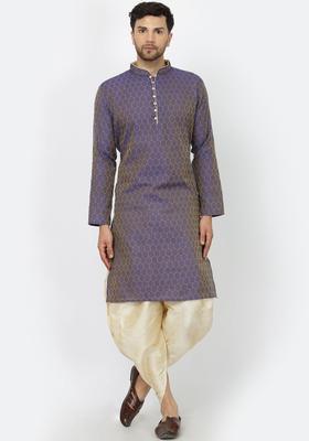 Blue Woven Design Cotton Kurta Set For Men