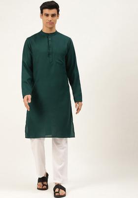 Green Solid Cotton Kurta Set For Men