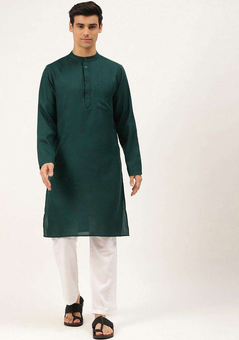 Green Solid Cotton Kurta Set For Men - Indya