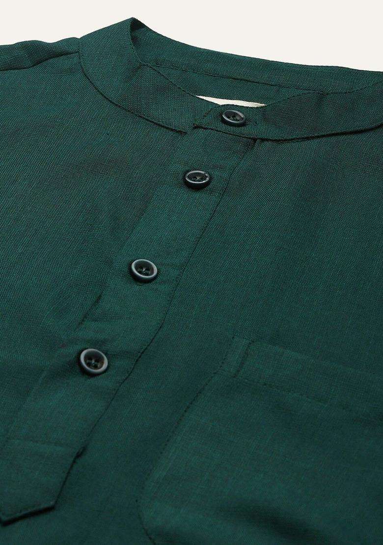 Green Solid Cotton Kurta Set For Men - Indya