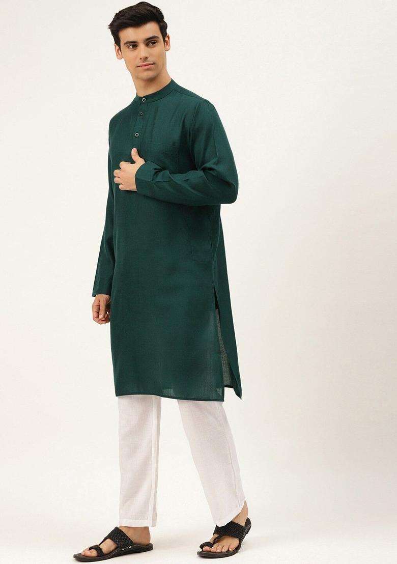 Green Solid Cotton Kurta Set For Men - Indya