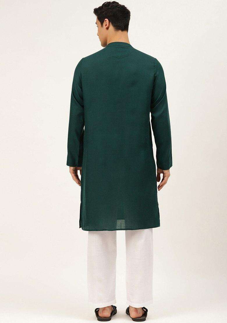Green Solid Cotton Kurta Set For Men - Indya