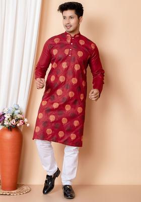 Maroon Printed Cotton Kurta Set For Men