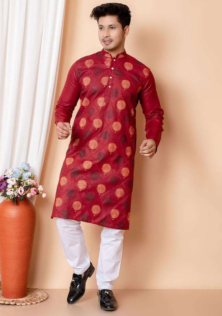 Maroon Printed Cotton Kurta Set For Men - Indya