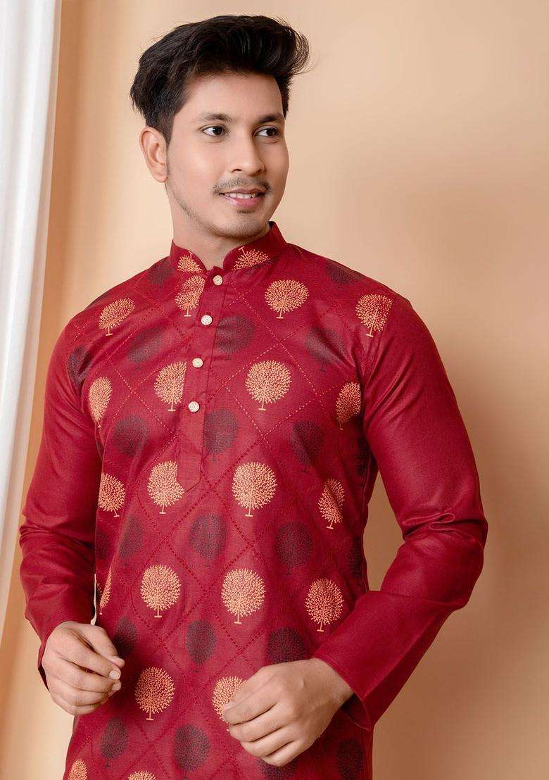 Maroon Printed Cotton Kurta Set For Men - Indya