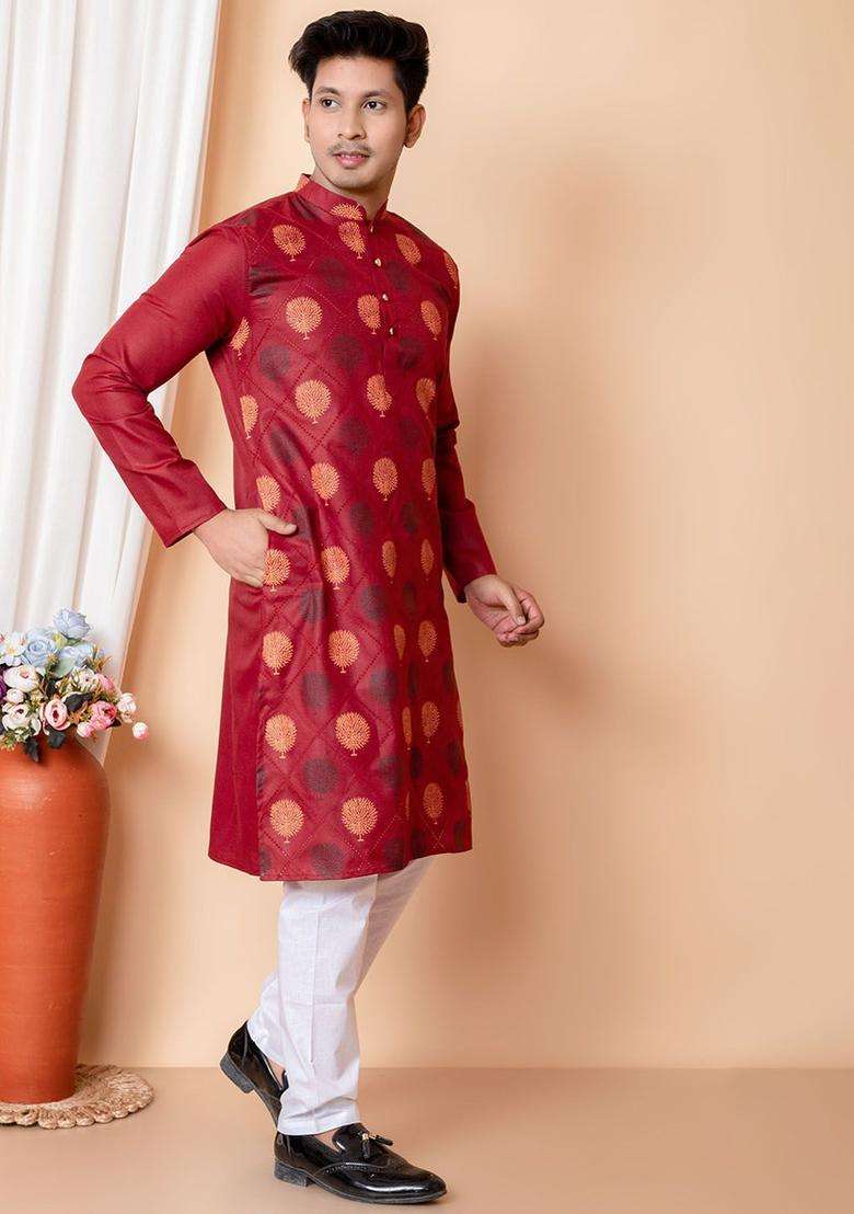 Maroon Printed Cotton Kurta Set For Men - Indya