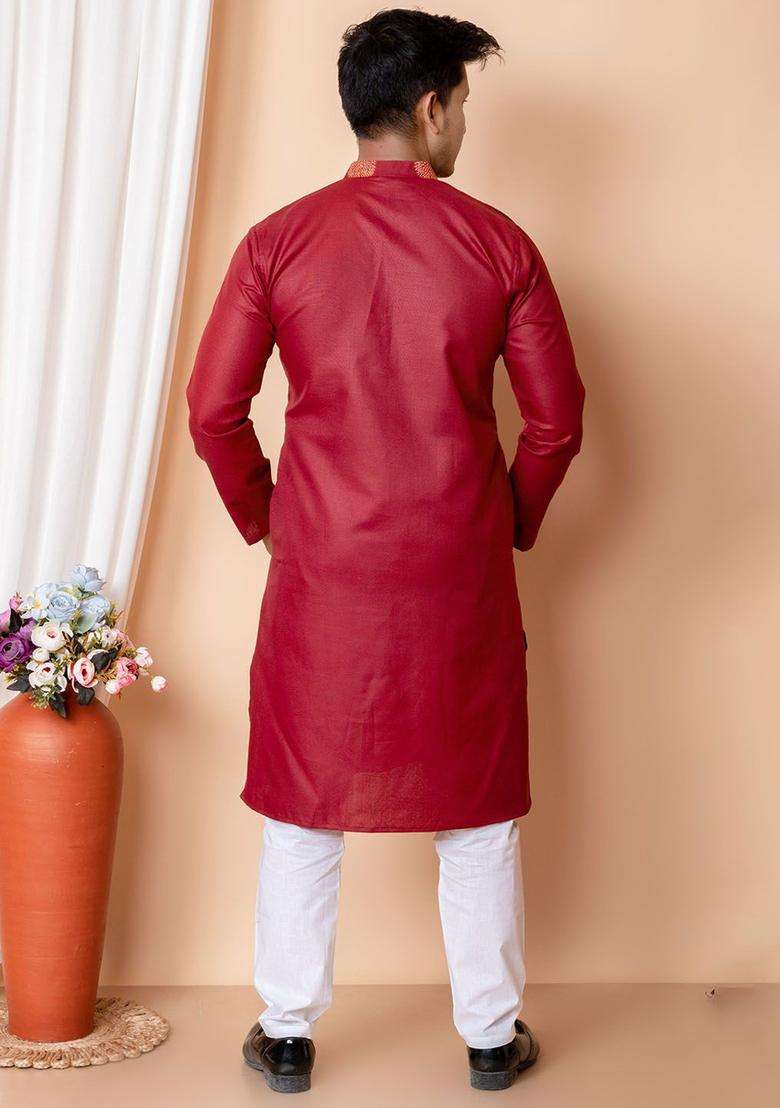 Maroon Printed Cotton Kurta Set For Men - Indya