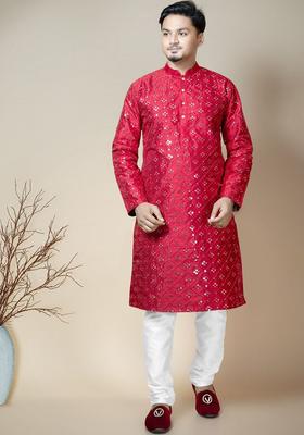 Maroon Embroidered Silk Kurta Set For Men
