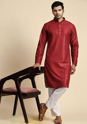 Maroon Embroidered Cotton Kurta Set For Men