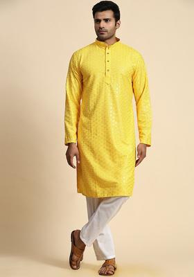 Yellow Embroidered Cotton Kurta Set For Men
