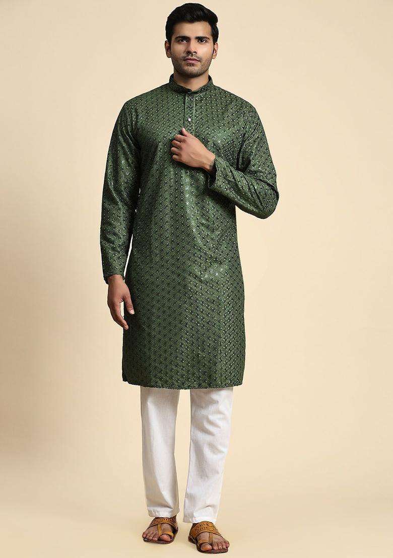 Green Embroidered Cotton Kurta Set For Men - Indya