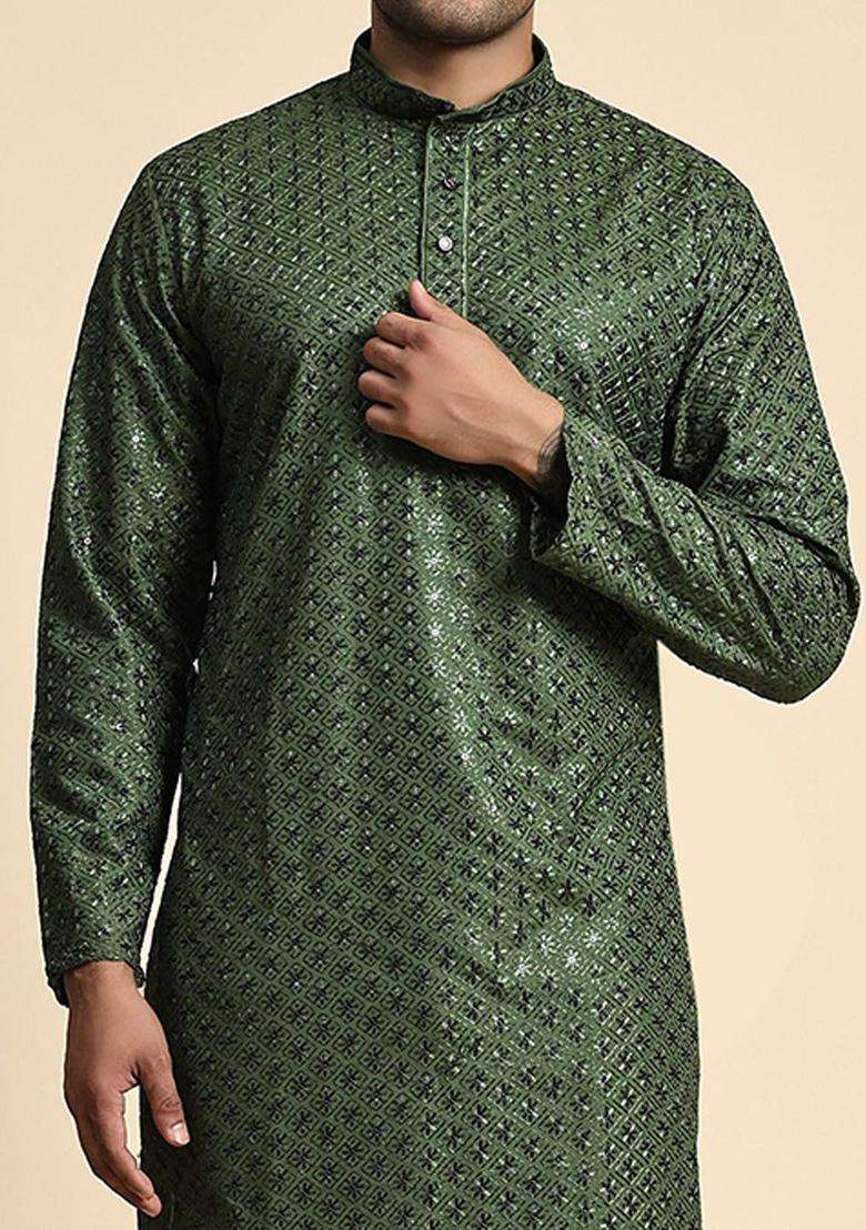 Green Embroidered Cotton Kurta Set For Men - Indya