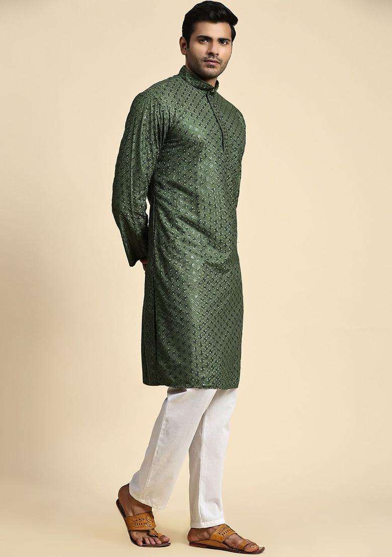 Green Embroidered Cotton Kurta Set For Men - Indya