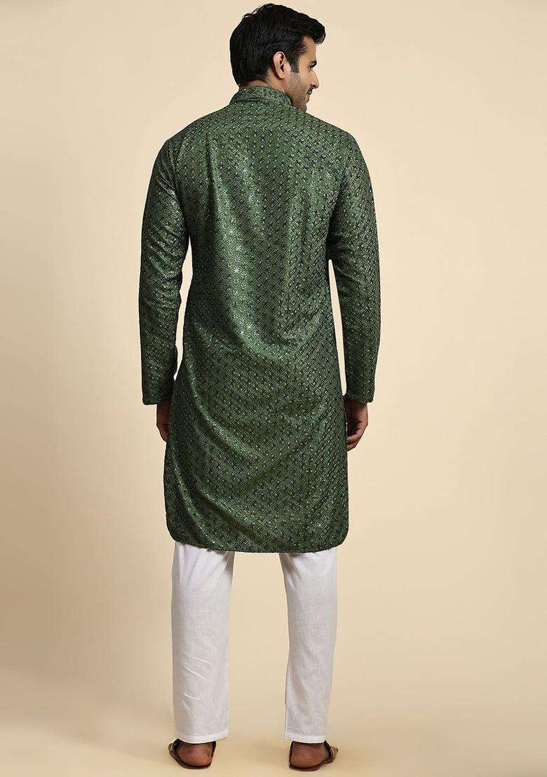Green Embroidered Cotton Kurta Set For Men - Indya
