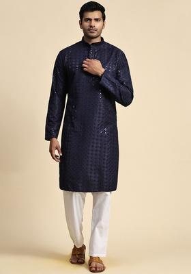 Navy Blue Embroidered Cotton Kurta Set For Men