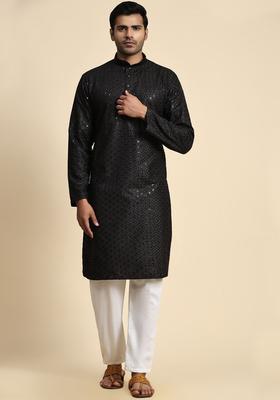Black Embroidered Cotton Kurta Set For Men