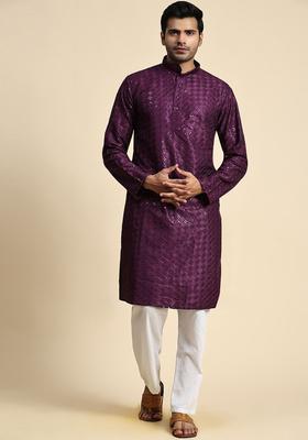 Purple Embroidered Cotton Kurta Set For Men