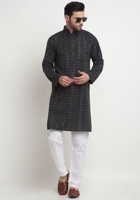 Black Printed Cotton Kurta Set For Men