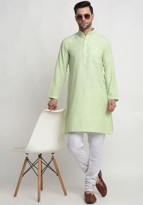 Green Solid Cotton Kurta Set For Men