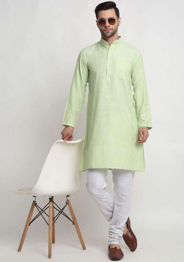 Green Solid Cotton Kurta Set For Men - Indya