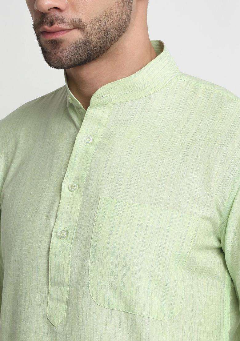 Green Solid Cotton Kurta Set For Men - Indya