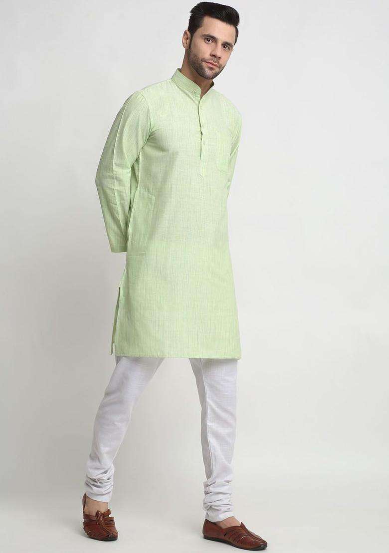 Green Solid Cotton Kurta Set For Men - Indya