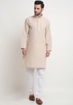 Beige Striped Cotton Kurta Set For Men