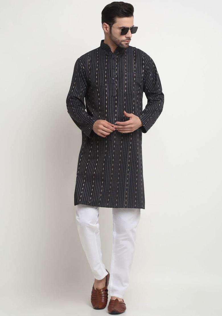 Black Striped Cotton Kurta Set For Men - Indya