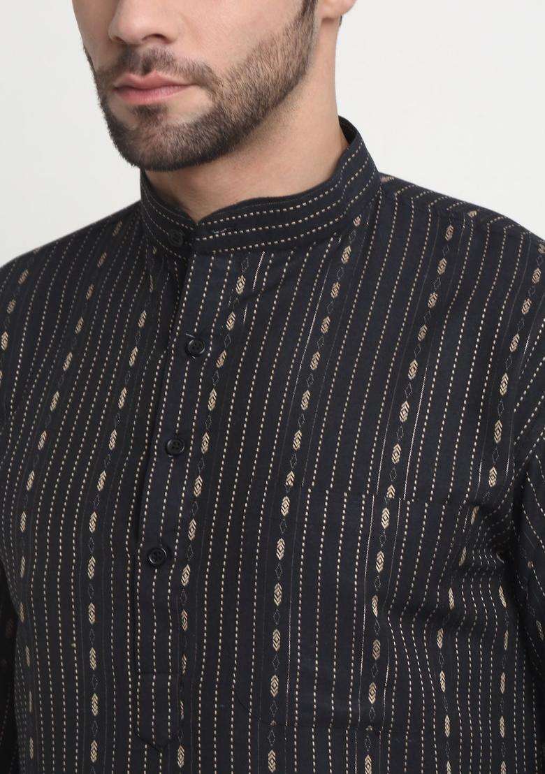 Black Striped Cotton Kurta Set For Men - Indya