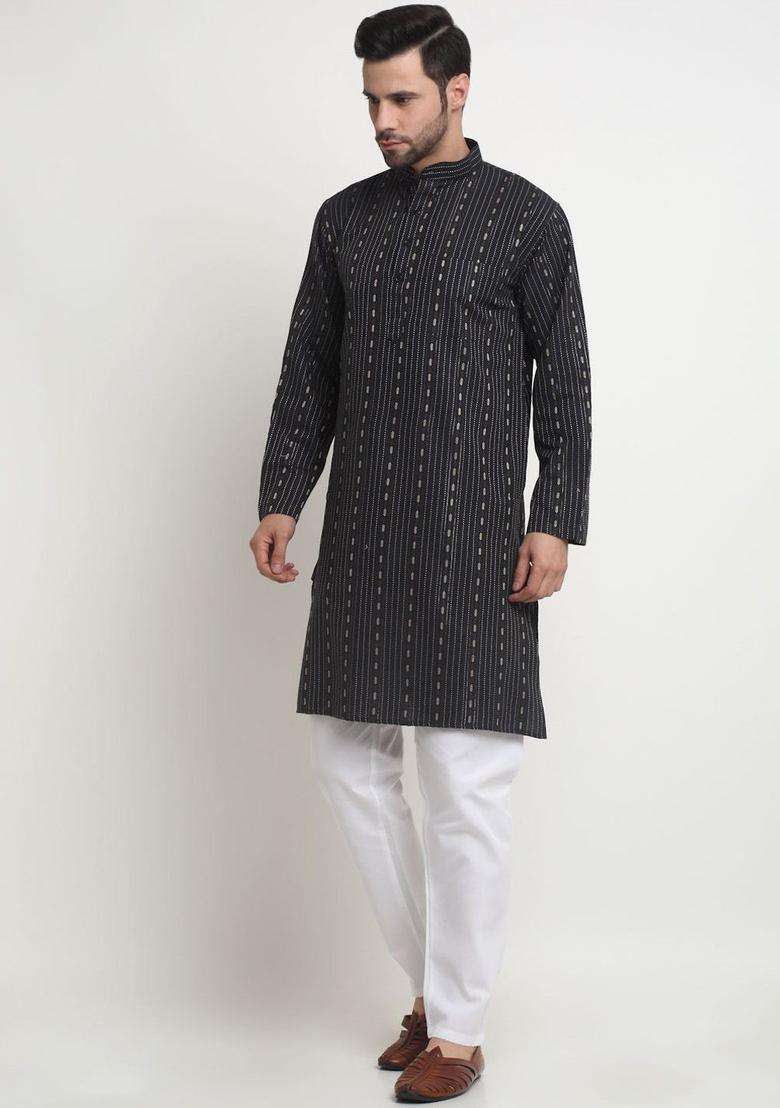 Black Striped Cotton Kurta Set For Men - Indya