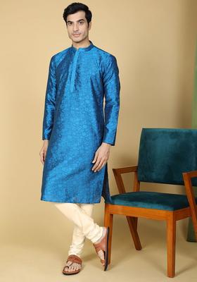 Blue Self Design Cotton Kurta Set For Men