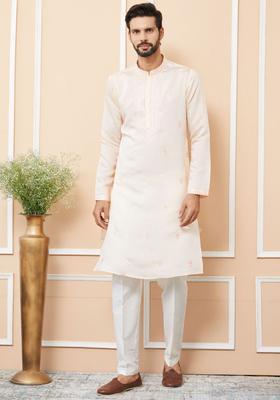 Peach Embroidered Silk Kurta Set For Men