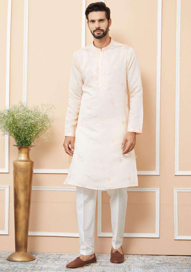 Peach Embroidered Silk Blend Kurta Set For Men - Indya