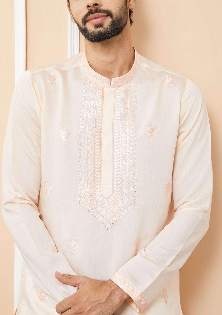 Peach Embroidered Silk Blend Kurta Set For Men - Indya