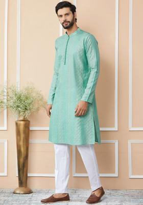 Green Embroidered Cotton Kurta Set For Men