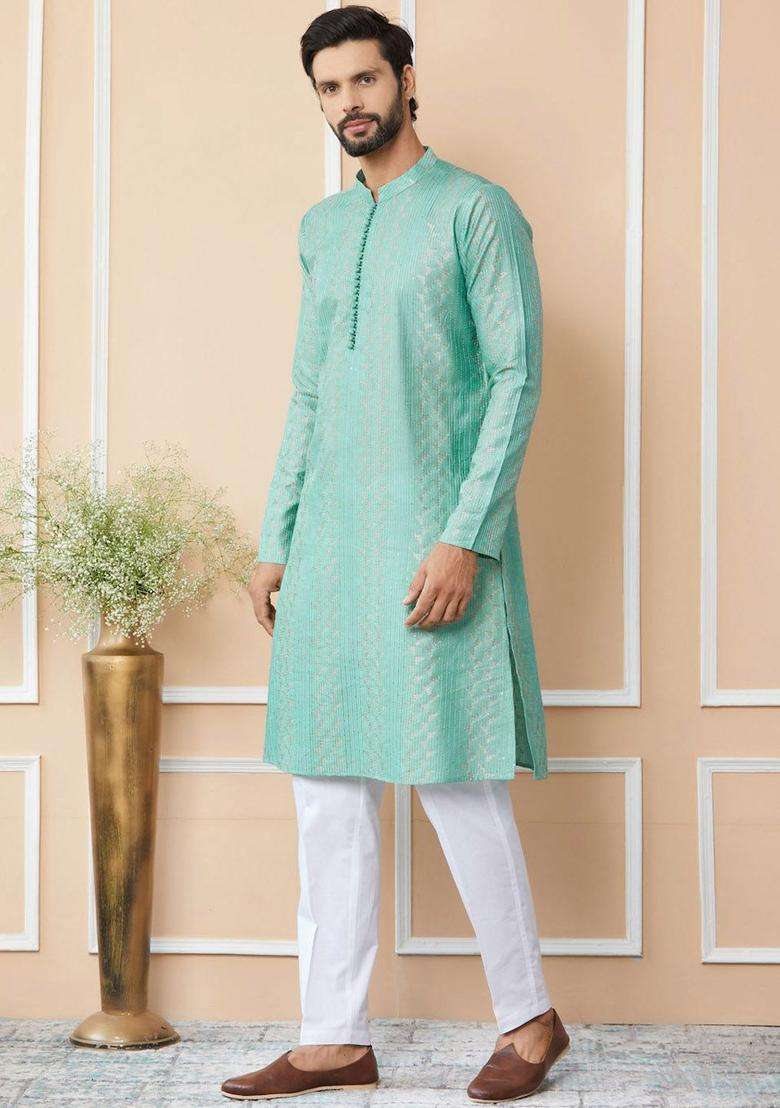 Green Embroidered Cotton Kurta Set For Men - Indya