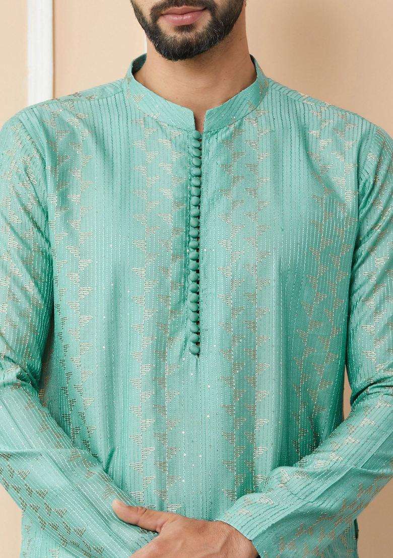 Green Embroidered Cotton Kurta Set For Men - Indya