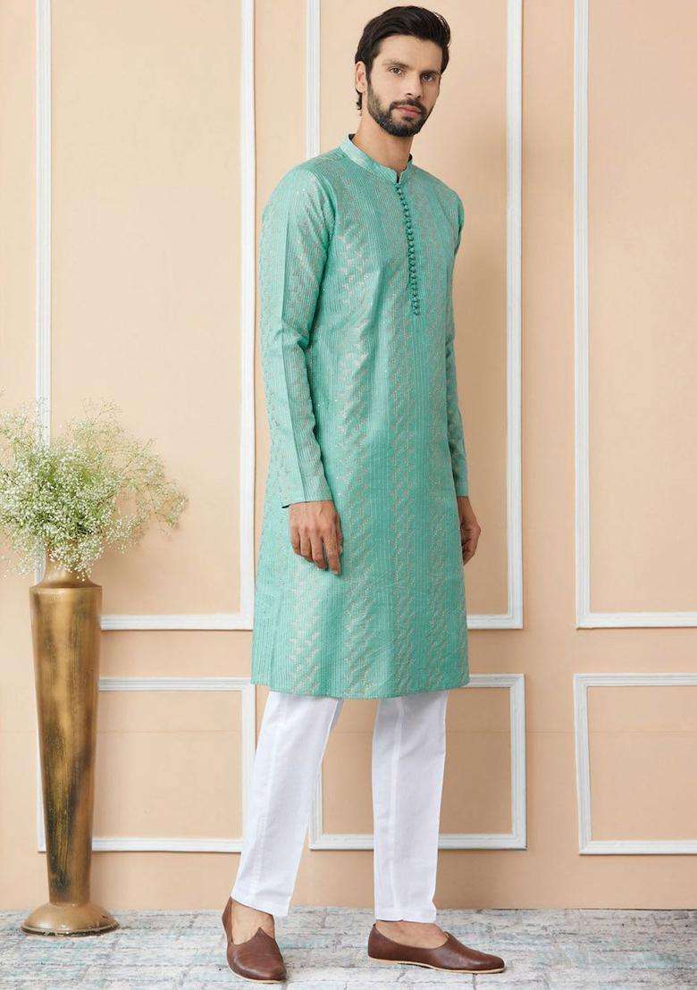 Green Embroidered Cotton Kurta Set For Men - Indya