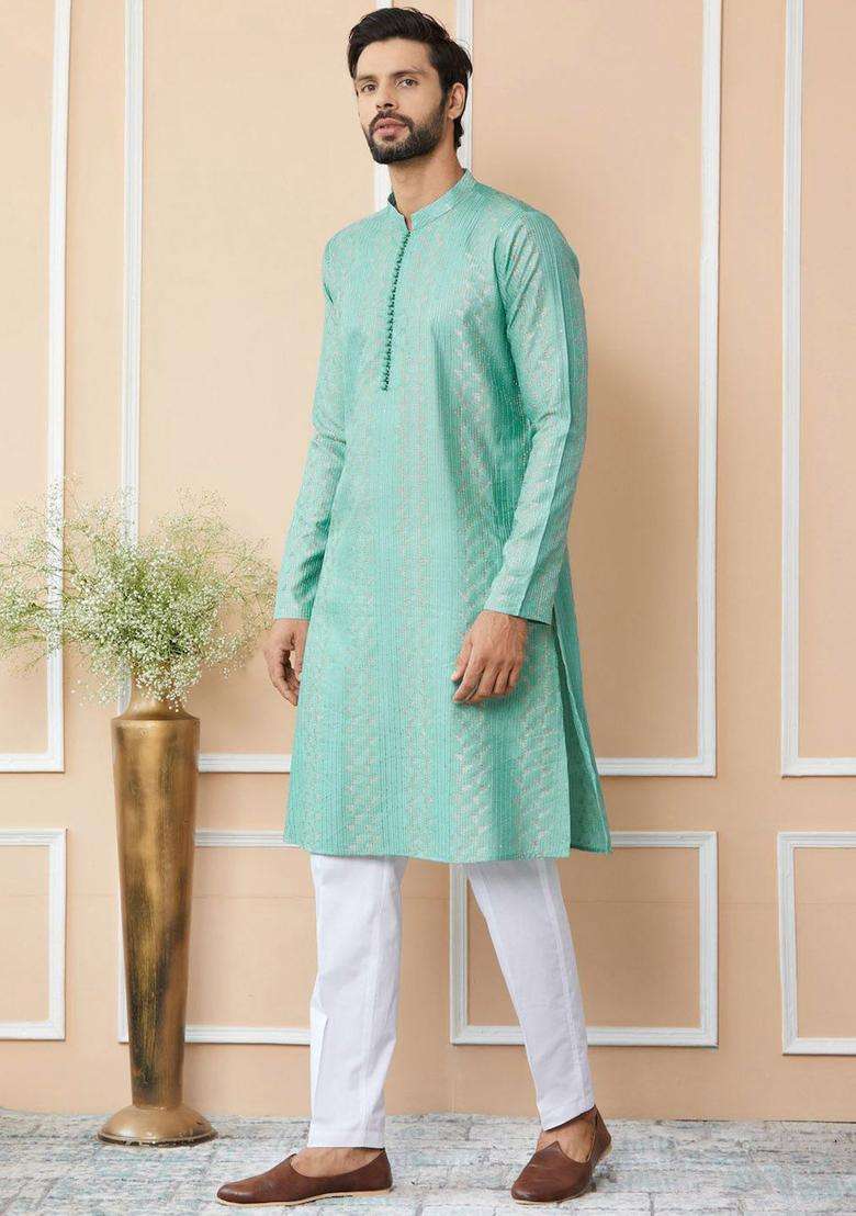 Green Embroidered Cotton Kurta Set For Men - Indya