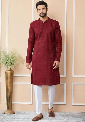 Maroon Embroidered Silk Kurta Set For Men
