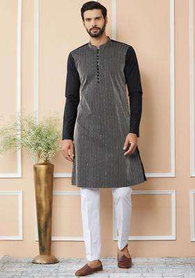 Black Striped Cotton Kurta Set For Men