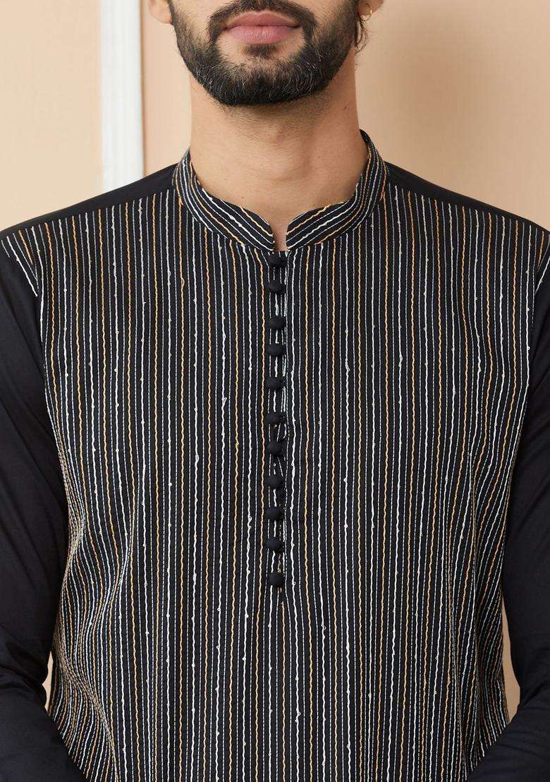 Black Striped Cotton Kurta Set For Men - Indya