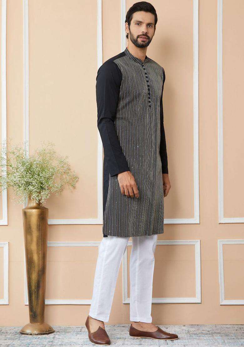 Black Striped Cotton Kurta Set For Men - Indya