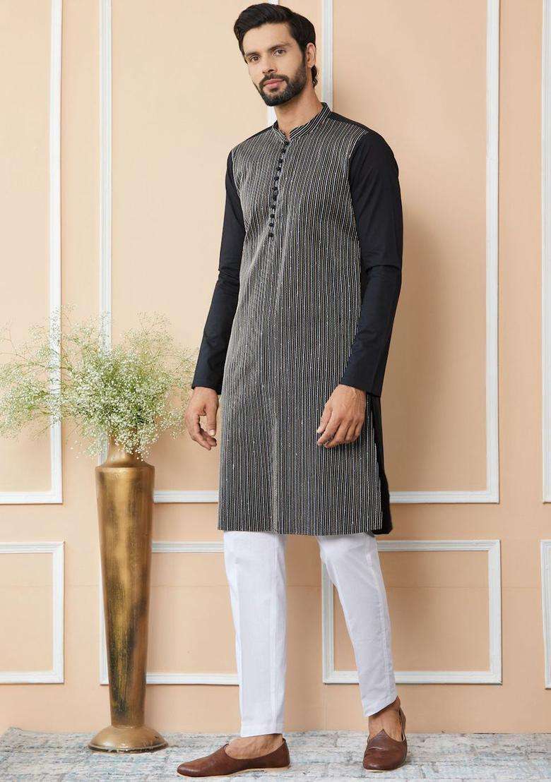 Black Striped Cotton Kurta Set For Men - Indya