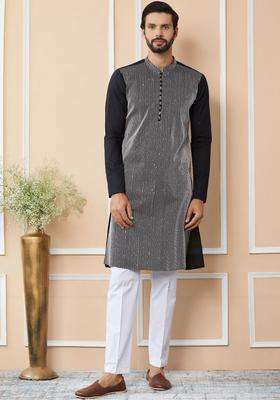 Black Striped Cotton Kurta Set For Men