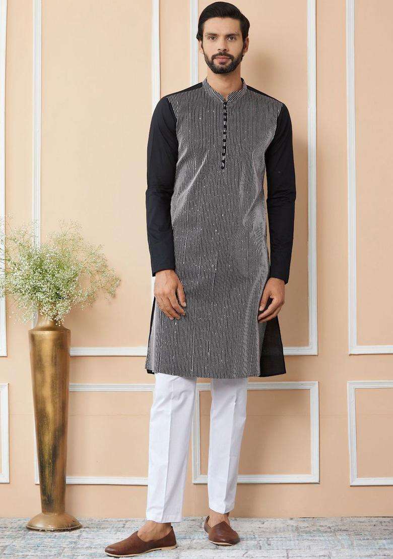 Black Striped Cotton Kurta Set For Men - Indya