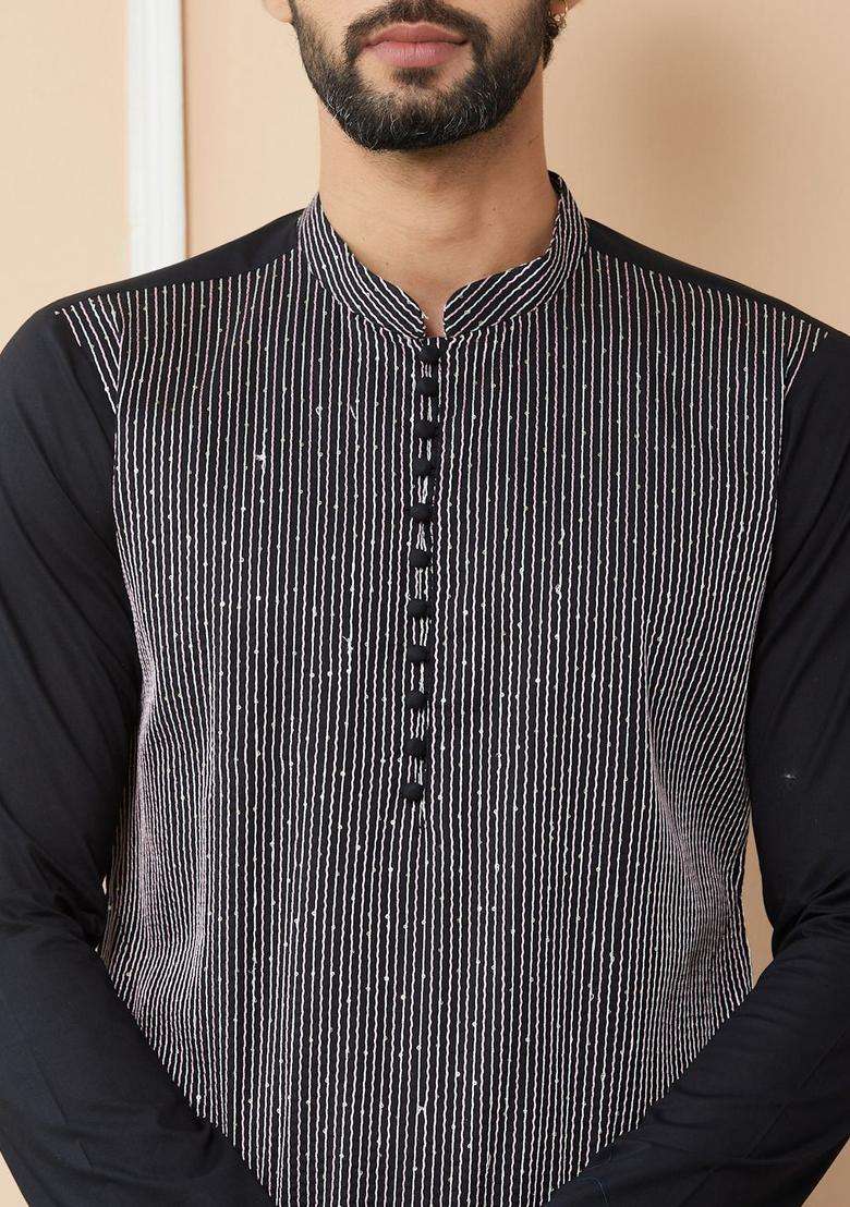Black Striped Cotton Kurta Set For Men - Indya